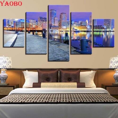 5 Pieces City Building Night View diamond Painting full square/round 3d rhinestones embroidery beads cross stitch mosaic decor