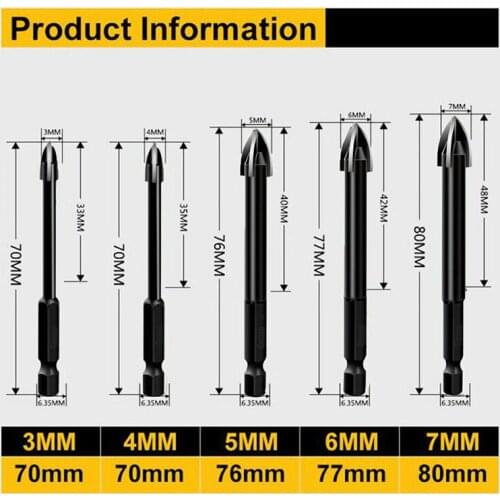 5pcs Black 3/4/5/6/7mm Triangle Drill Bits Set Universal Drilling Tool Glass Ceramic Concrete Hole Opener Power Drilling Tool