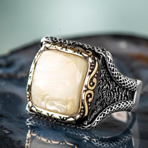 925 Sterling Silver White Mother of Pearl Stone Mens Ring Exclusive Accessory for Men Special Ring Made in Turkey