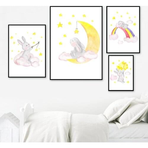 Abstract Rainbow Wall Art Poster Rabbit Animal Baby Nursery Art Print Moon Star Canvas Painting Nordic Pictures Kids Room Decor