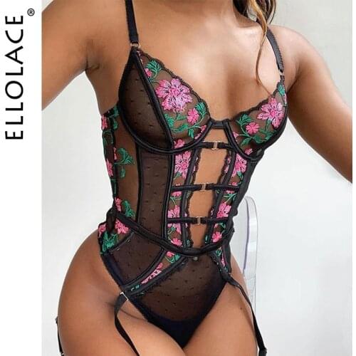 Ellolace Sexy Lace Floral Bodysuit with Bones See Through Hollow Out Bodies Sleeveless Bodycon Top Backless Black Mesh Bodys