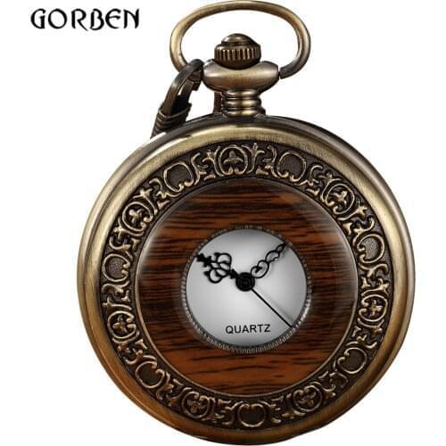 Vintage Wood Pocket Watch Men Box Arabic numeral Quartz Fob Watches with chain pendent Steampunk pocket watches Relogio De Bolso