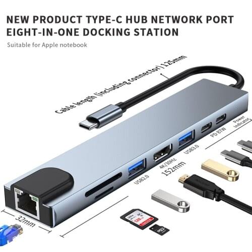 Type-c to HDMI USB3.0 USB2.0 PDpower Supply PD Data SD TF RJ45 8-in-one Docking Station for Huawei Macbook Notebook Expansion
