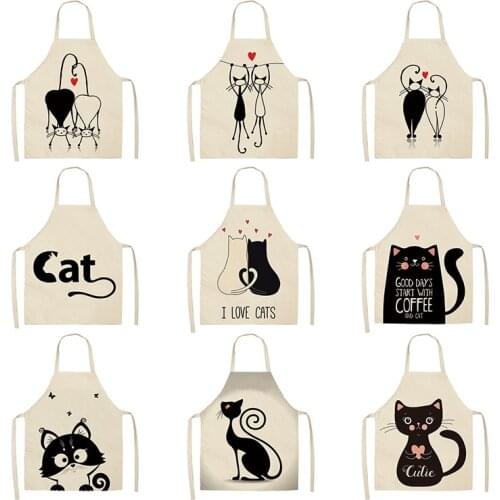Cat Kitchen Aprons For Women Cotton Linen Bibs Household Cleaning Pinafore Home Cooking Apron kids kitchen barber 68x55cm 47x38