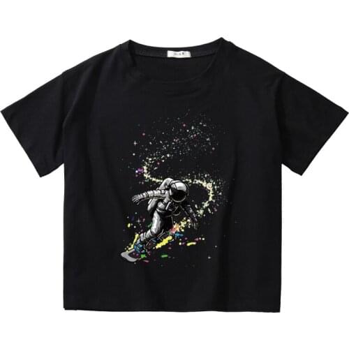 Astronaut Skating Printing Women Summer Crop Tees Breathable Cotton Top Girl O-Neck T-Shirt Kids Short Sleeve Casual Short Tops