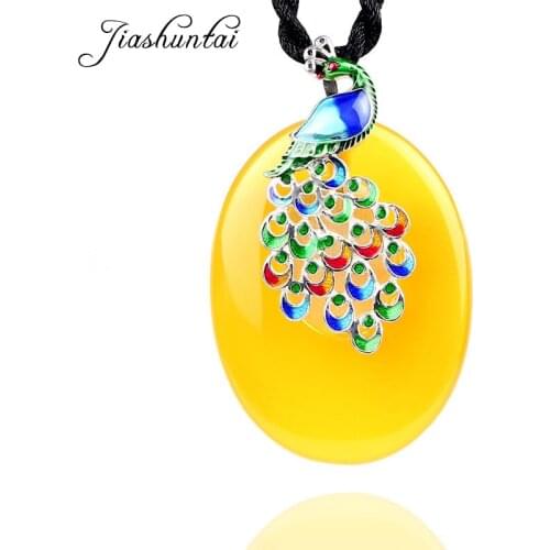 JIASHUNTAI Retro 100% 925 Silver Sterling Vintage Natural Stones Peacock Pendant Necklace Jewelry For Women Thai Silver