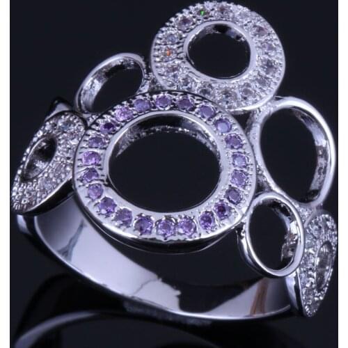 Royal Round Purple Cubic Zirconia White CZ Silver Plated Ring V0486