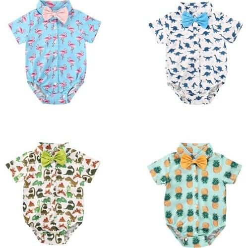 Fashion Infant Baby Boys Dress Shirt Bodysuit Formal Short Sleeve Rompers Jumpsuits One Piece Outfits Gentlemen Party Clothes