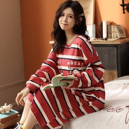 Nightdress Womens Long Sleeve Cotton Loose Thin Homewear New Arrival Cartoon Round Neck Bathrobe Nightgown Women Gowns Robe