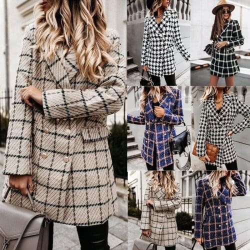 Zoulv Blazer Plaid Double-Breasted Jackets Coats 2020 Winter Casual Long Sleeve Suit Turn-down Collar Slim Office Lady Overcoat
