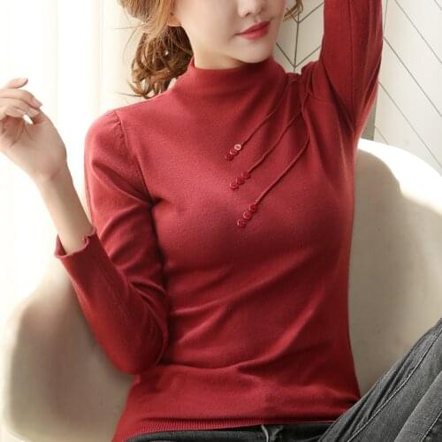 Winter Warm Women 2020 Button Soft Pullovers Cotton Long sleeve Half turtleneck sweaters Autumn Elastic Slim knit Khaki Red Tops