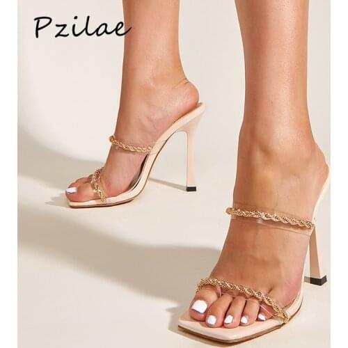 Pzilae New Sexy Transparent PVC Shoes For Women Fashion Metal Decoration High Heels Slipper Summer Square Toe Ladies Party Pumps