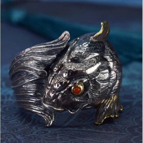 Real 925 Sterling Silver VINTAGE biker Retro mens fish Jewelry Ring rings jewelry A5152