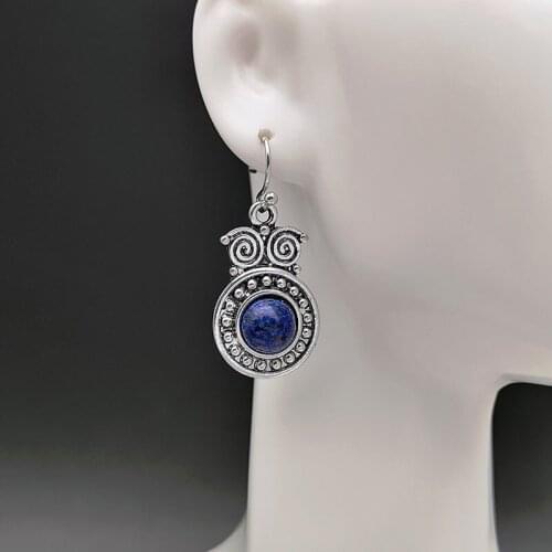 Boho Antique Owl Shaped Earrings Dark Blue Round Stone Dangle Earrings for Women Charm Silver Color Spiral Metal Ethnic Jewelry