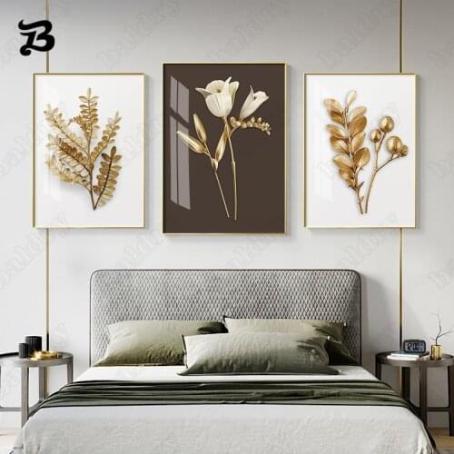 Light Extravagance Canvas Painting Wall Art Golden Leaves and Flowers Poster Print for Living Room Home Abstract Wall Decoration