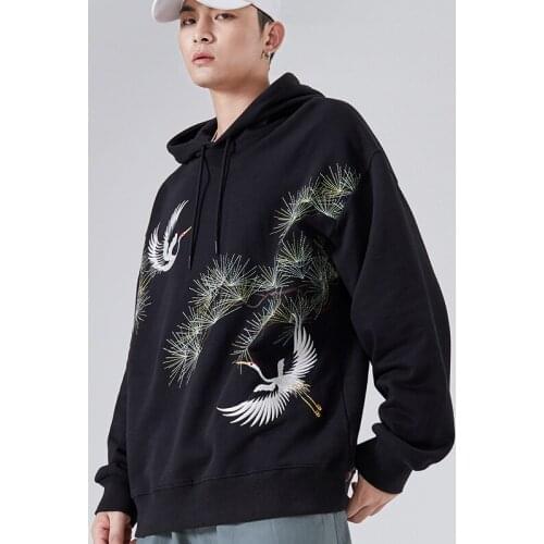 Japanese Streetwear Hoodies Hooded Male MenS Clothing 2020 Winter Warm Pullover Sweatshirt Embroidery Crane Hoodies Teen KK3354
