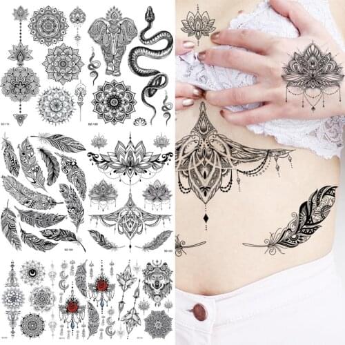 Black Henna Feather Temporary Tattoos For Women Adults Underboob Snake Elephant Wolf Snake Fake Tattoo Sticker Body Hand Tatoos