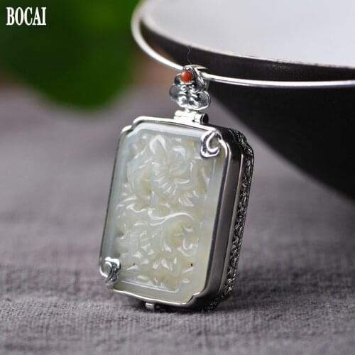 BOCAI Real S925 Silver Jewelry Retro Elegant and Exquisitely Carved Sachet Box Hetian Jade Auspicious Cloud Woman Pendant