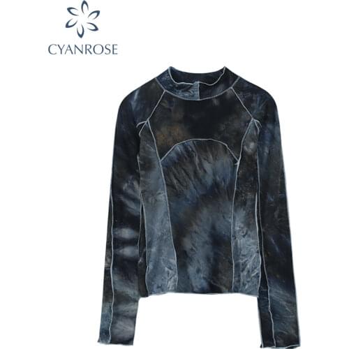 Irregular Spliced Streetwear Bodycon T Shirt Women Long Sleeve Stand Collar Gothic 2021 Spring Fashion Pullover Tees Tops Female