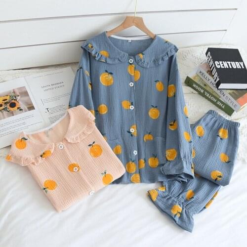 Women Cotton Sleepwear Cute Orange Print Home Clothes 2021 New Spring Long Sleeve Cotton Pajamas Set Femlae Plus Size Homewear