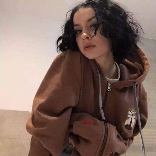 2021 biggorange new American retro dark brown hooded Oversized sweater zipper jacket female tide ins autumn new cardigan
