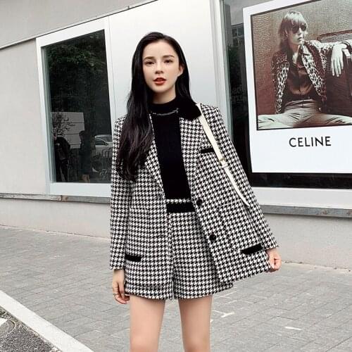 High Quality Woolen Houndstooth Suit Jacket Trouser Suit Women Winter Retro Notched Long Blazer High Waist Shorts Two Piece Sets