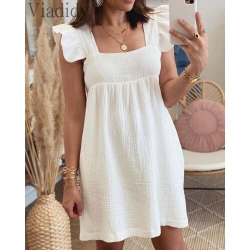 Women White Ruffle Square Neck Sleeveless Casual Dress