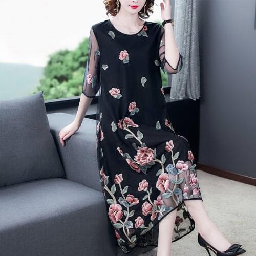 Summer Vintage Loose Pink Floral Mesh Embroidery Maxi Dress Women Elegant Bodycon Party Vestidos 2021 5XL Plus Size Casual Dress