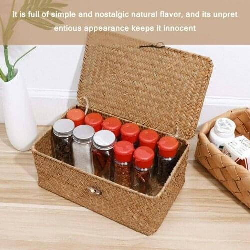 3 Size Hot Seaweed With Button Woven Basket Straw Woven Debris Desktop Storage Box Hand-woven Storage Basket Clothing