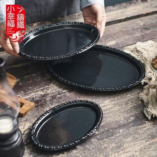 Cast Iron Enamel Baking Pan Rectangular Household Multi-Functional Flat Frying Pan Steak Pizza Plate Oven Utensils