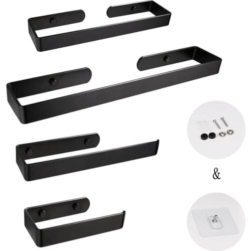 Black Aluminum Towel Toilet Paper Holder Rack Bathroom Kitchen Hand Towel Bar Punch Free & Screws Mount Storage Shelf Organizer