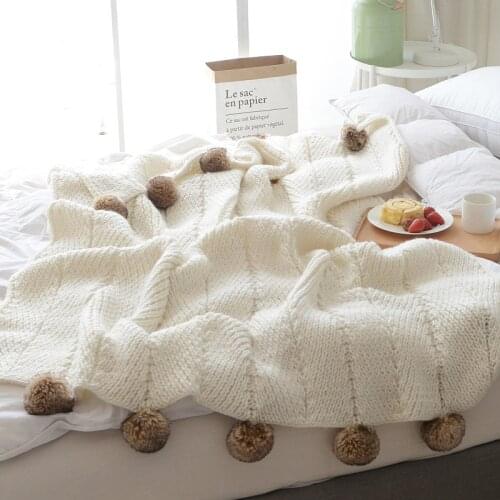 Faux Iceland Yarn Knitted Pompon Edge Blanket Home Decoration Cover Throw Blanket Invory White, Grey 130cmX160cm