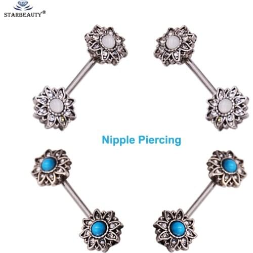 2 pcs/lot Vintage Sunflower Nipple Ring 14G Cute Nipple Piercing Fake Opal Nipple Rings Body Jewelry White Blue Pircing Women