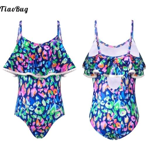 TiaoBug Summer Kid Girls Adorned Print One-Piece Swimming Bodysuit Jumpsuit Adjustable Strap Ruffle Trim Beach Pool Bathing Suit