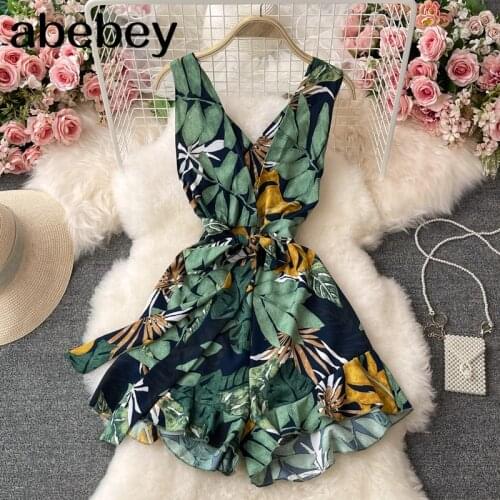 Fashion Print Tank Rompers Women Sleeveless V Neck Sashes Office Jumpsuits Summer Casual Vacation Beach Short Rompers