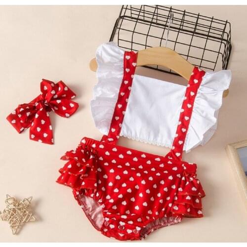 Summer Baby Girl Casual Romper Set Flare Sleeve Cute Love Print + Bowknot Headband 2021