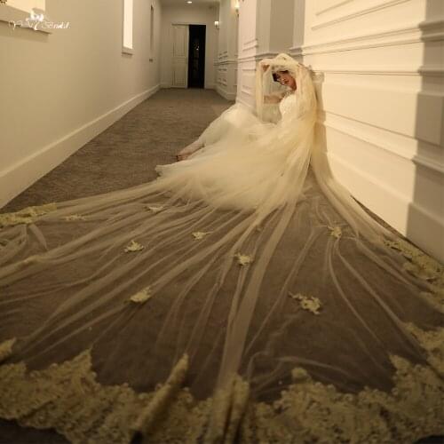 LZP553 Yiai Real Picture Champagne Lace Edge Cathedral Wedding Veil Metal Comb Long Bridal Veil