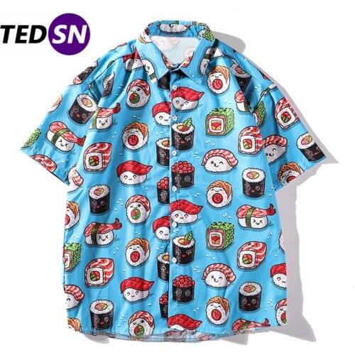 Aelfric Eden Cartoon Sushi Print Harajuku Men Shirts Japanese Style Streetwear Loose Short Sleeve 2020 Hip Hop Cotton Tops Blue