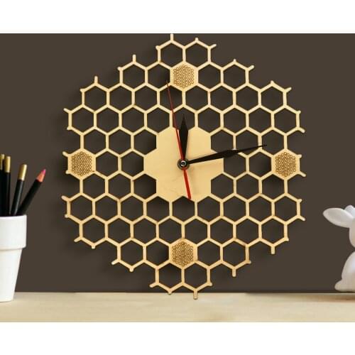 Natural Wooden Bees and Honeycomb Wall Clock Hexagon Wall Art Wood Bee Honey Contemporary Wooden Clock