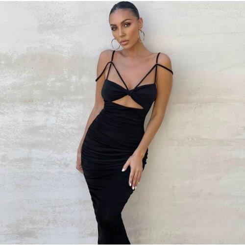 KLEEZY Double Straps V Neck Hollow Out Midi Vestido Sexy Pleated Backless Sleeveless Dress For Women Nightclub Celebrity Wearing