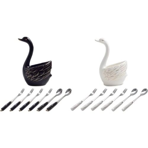 Portable Cutlery Set Tableware 2 Spoon 4 Fork with Ceramic Swan Stand Holder Dinnerware Kitchen Dinner Set Cake Dessert