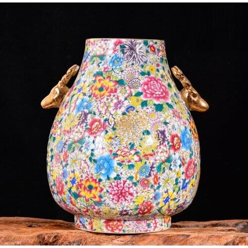 Jingdezhen porcelain antique famille rose flower vase with two ears Chinese style porch living room TV cabinet decoration