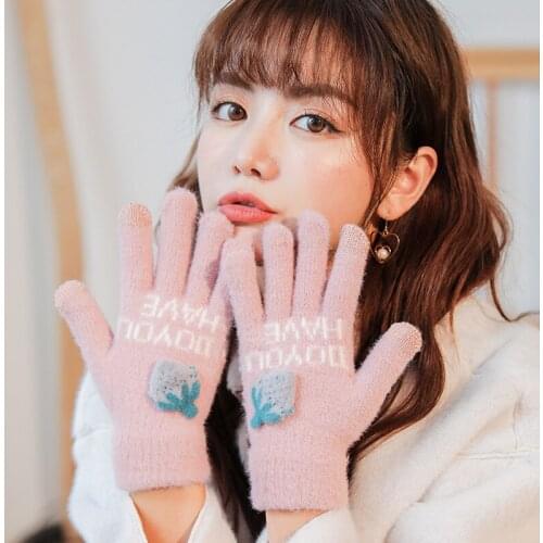 Knitted Woolen Gloves for Men and Women Autumn and Winter Windproof Thickened Warmth Cute Touch Screen Gloves