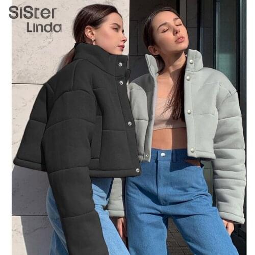 Sisterlinda Autumn Cotton Warm Women Short Puffer Jacket Long Sleeve Button Casual High Street Outwear Thick Pocket Bubble Coats