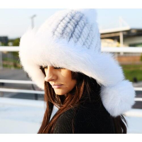 CX-C-60B Winter Ladies Knitted Fur Cap Ear Protector Hat with Pom Real Mink Fur Hats