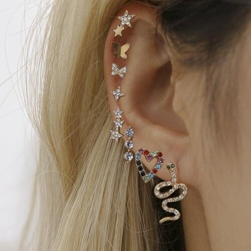 Wholesale 8PRS/SET Cute Star Butterfly Shiny Crystals CZ Stud Earrings for Women Female Punk Gold Snake Cartilage Stud Earring