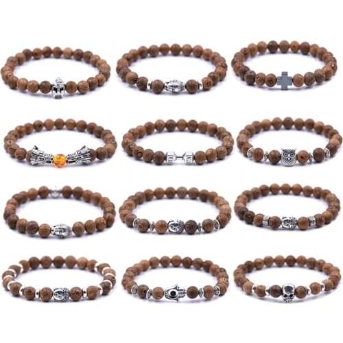 Fashion Chicken Wing Wooden Bracelet Cross Men and Women Fashion Buddha Head Black Skull Bell Zircon Bracelet Gem Jewelry Gift