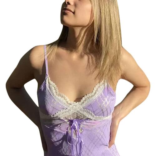 Womens Sexy Crop Cami Top, Sleeveless V Neck Lace Patchwork Criss Cross Lace-up Camisole