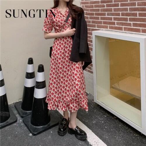 Sungtin Elegant A Line Ruffle Loose Floral Dresses Women V Neck Empire Printed Dress Vintage Summer Fashion 4 Plus Size Vestidos