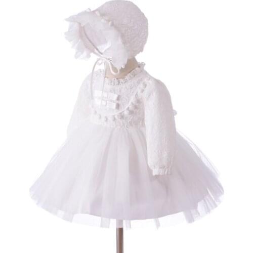 2017 Newborn White Dress For Baptism Long Sleeves Baby Girl Lace Christening Prom Dress Toddler Birthday Weeding Party Wear+ hat
